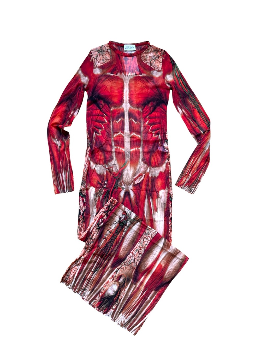 Jean Paul Gaultier Red The Ecorche Print Long Sleeve Maxi Mesh Dress - Picture 6 of 9